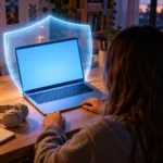 Teenager at a desk using a laptop protected by a glowing shield of light, illustrating ChatGPT teen safety protections
