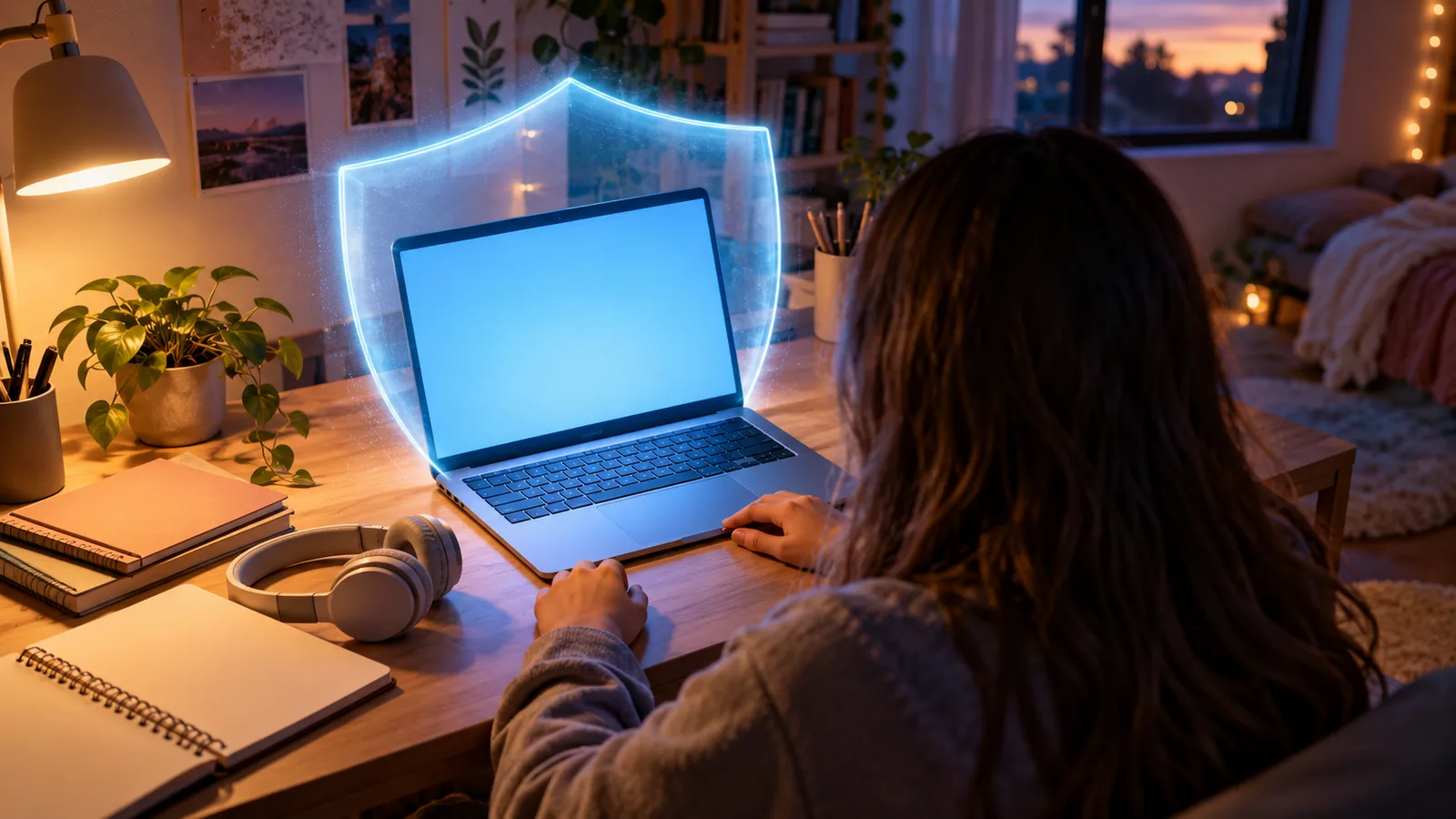 Teenager at a desk using a laptop protected by a glowing shield of light, illustrating ChatGPT teen safety protections