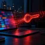 Claude Code extension backdoor concept: a laptop on a dark desk with a glowing red digital key streaming out through a hidden tunnel
