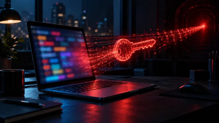 Claude Code extension backdoor concept: a laptop on a dark desk with a glowing red digital key streaming out through a hidden tunnel