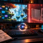 Developer desk with a monitor showing an original fantasy game being built while a ghostly retro cartridge copy is blocked by a red light barrier, illustrating the Claude Code games rule
