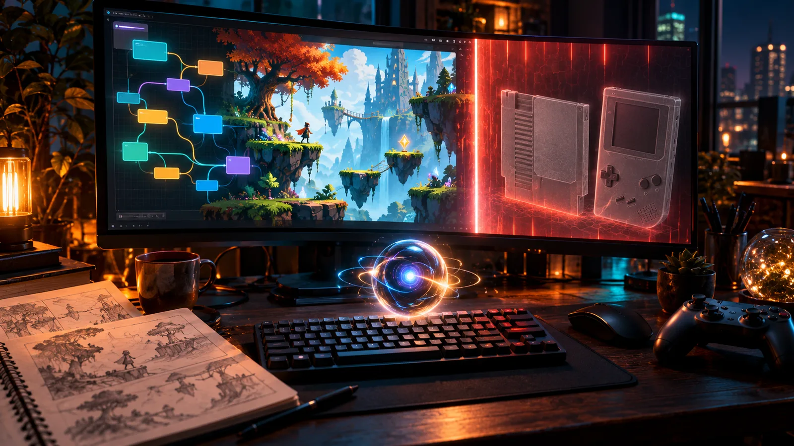 Developer desk with a monitor showing an original fantasy game being built while a ghostly retro cartridge copy is blocked by a red light barrier, illustrating the Claude Code games rule