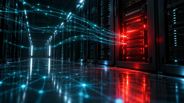 Compromised server glowing red in a data center as network packets stream toward it, illustrating the Claude Linux exploit
