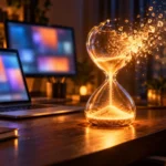 Glowing hourglass dissolving into light beside a laptop at night, illustrating the Claude Ultra plan dropping its five-hour limit