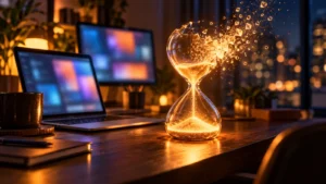 Glowing hourglass dissolving into light beside a laptop at night, illustrating the Claude Ultra plan dropping its five-hour limit