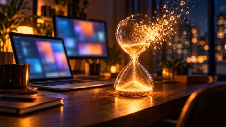 Glowing hourglass dissolving into light beside a laptop at night, illustrating the Claude Ultra plan dropping its five-hour limit