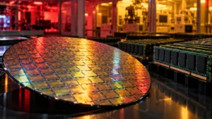 CXMT Q3 earnings concept: a silicon wafer of memory dies beside rows of DRAM modules in a chip fab