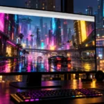 Cyberpunk 2077 browser port concept: a neon futuristic city running in a browser window on a gaming PC monitor at night