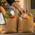 Courier holding a smartphone with a delivery app map while placing two grocery bags on a doorstep, illustrating the DoorDash Instacart deal
