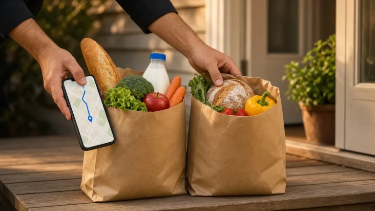 Courier holding a smartphone with a delivery app map while placing two grocery bags on a doorstep, illustrating the DoorDash Instacart deal
