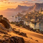 Elder Scrolls 6 Sentinel concept: a fantasy desert coastline with a walled fortress city, sailing ships and an ancient stone artifact in the dunes