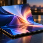 Book-style foldable phone half open on a dark desk with an inner screen that has no visible camera hole, illustrating the Galaxy Z Fold 9 under-display camera