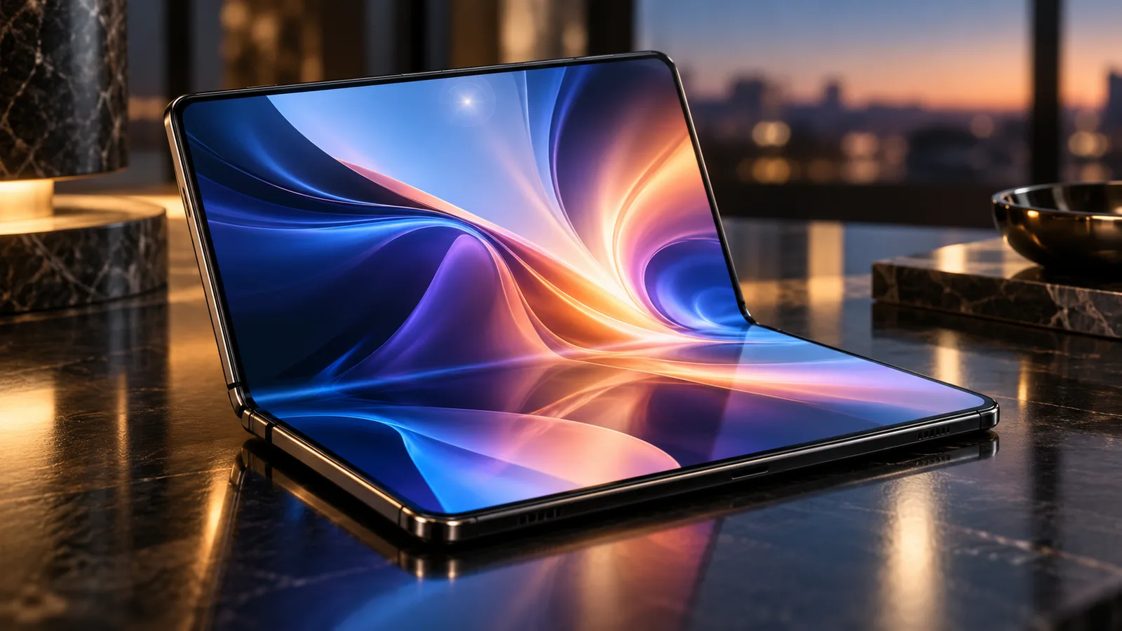 Book-style foldable phone half open on a dark desk with an inner screen that has no visible camera hole, illustrating the Galaxy Z Fold 9 under-display camera