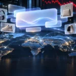 Abstract AI search interface with sponsored product cards over a glowing world map and a falling market chart