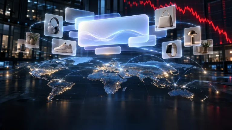 Abstract AI search interface with sponsored product cards over a glowing world map and a falling market chart