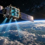 Satellite with solar panels orbiting Earth with glowing AI chips inside, illustrating Google Project Suncatcher