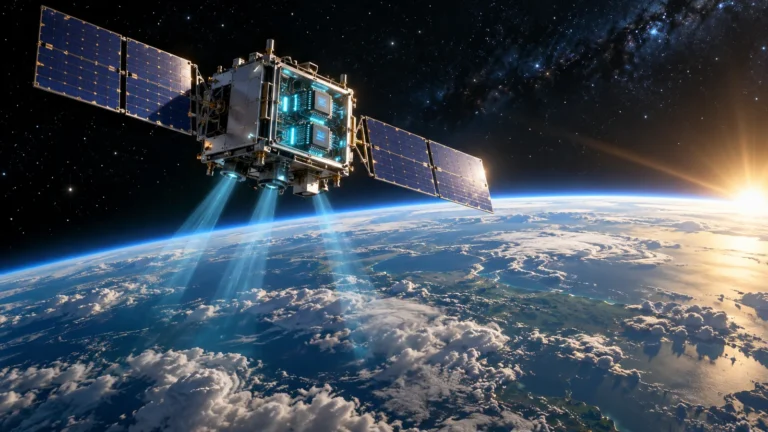 Satellite with solar panels orbiting Earth with glowing AI chips inside, illustrating Google Project Suncatcher