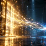 Large glowing AI server rack streaming data particles into a smaller server rack, illustrating GPT-6 Astra distillation