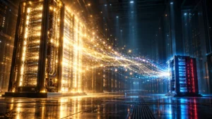 Large glowing AI server rack streaming data particles into a smaller server rack, illustrating GPT-6 Astra distillation