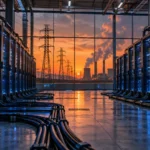Data center hall with glowing server racks and power cables, with transmission towers and a power plant outside, illustrating how much energy AI uses