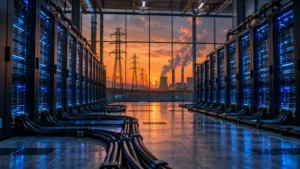Data center hall with glowing server racks and power cables, with transmission towers and a power plant outside, illustrating how much energy AI uses