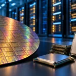 Silicon wafer and server processors in front of data center racks, illustrating Intel Q3 earnings