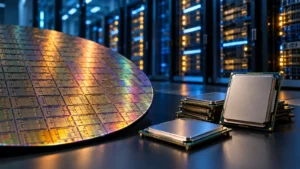 Silicon wafer and server processors in front of data center racks, illustrating Intel Q3 earnings