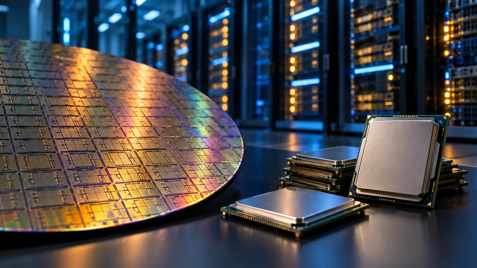 Silicon wafer and server processors in front of data center racks, illustrating Intel Q3 earnings