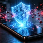 Smartphone projecting a glowing blue security shield as red malware fragments break apart, illustrating the iOS 27.2 security update