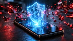 Smartphone projecting a glowing blue security shield as red malware fragments break apart, illustrating the iOS 27.2 security update