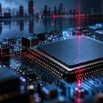AI chip on a circuit board under red scanning light, illustrating the Jensen Huang spy report