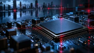 AI chip on a circuit board under red scanning light, illustrating the Jensen Huang spy report