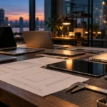 Industrial design studio workbench with unbranded aluminum laptop and tablet prototypes and sketches, illustrating John Ternus product-first Apple strategy