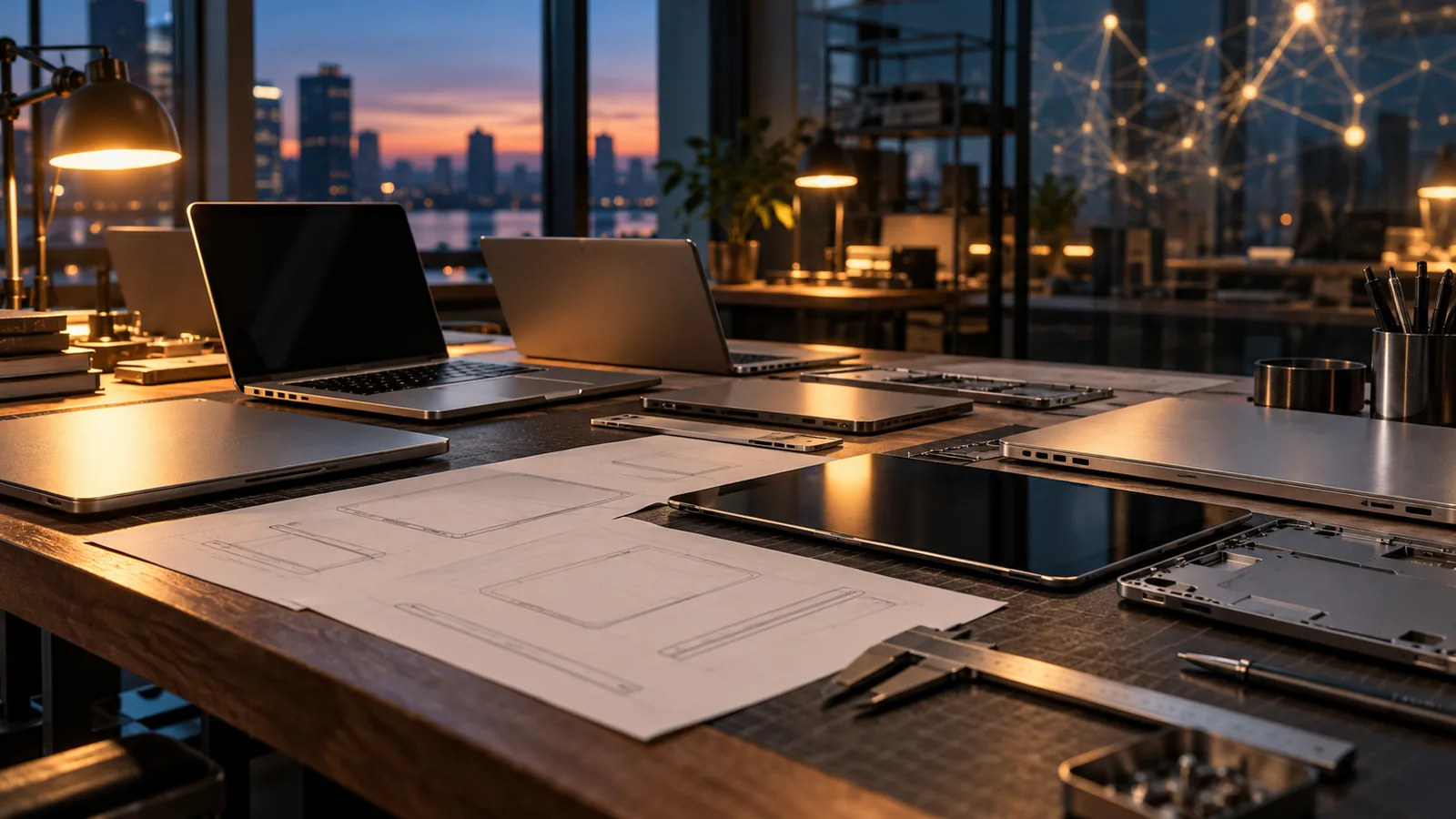 Industrial design studio workbench with unbranded aluminum laptop and tablet prototypes and sketches, illustrating John Ternus product-first Apple strategy