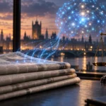 Meta CMA investigation concept: newspapers sending data streams to an AI network beside a balance scale, with Westminster at dusk