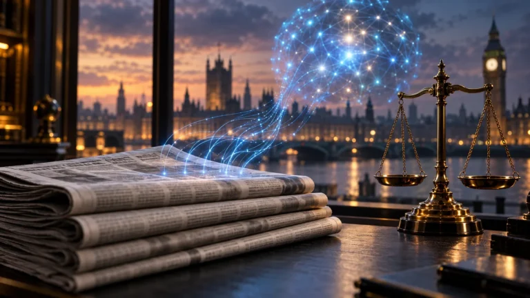 Meta CMA investigation concept: newspapers sending data streams to an AI network beside a balance scale, with Westminster at dusk