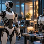 White humanoid robot prototype standing in a robotics lab next to a partially assembled second robot, illustrating the Meta humanoid robot report