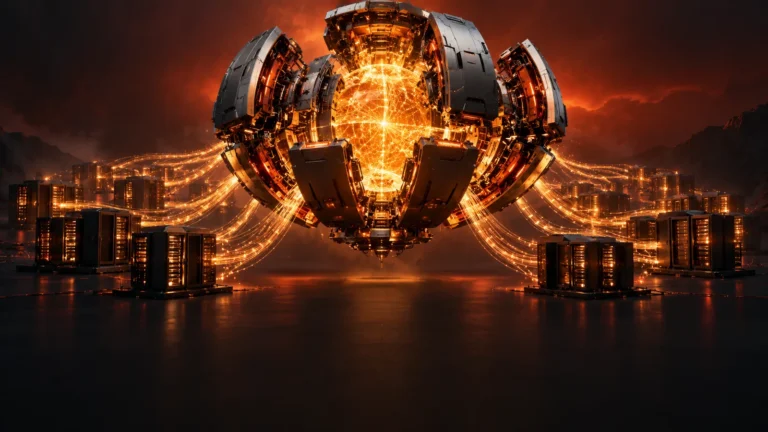 Mistral Large 4 open weights concept image of a glowing AI model core feeding server racks
