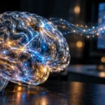 Neuralink Telepathy concept: glowing glass brain with a coin-sized implant sending streams of light toward a screen showing an abstract eye