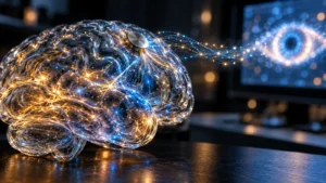 Neuralink Telepathy concept: glowing glass brain with a coin-sized implant sending streams of light toward a screen showing an abstract eye
