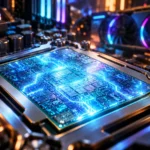 Glowing next-generation desktop CPU in a motherboard socket inside a gaming PC, illustrating Nova Lake gaming performance
