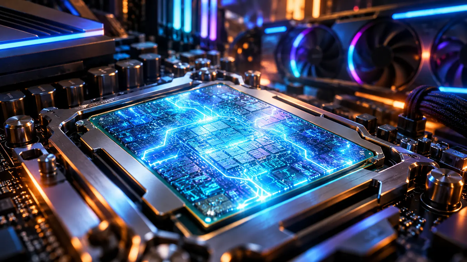 Glowing next-generation desktop CPU in a motherboard socket inside a gaming PC, illustrating Nova Lake gaming performance