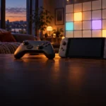 Game controller and handheld console on a coffee table with glowing blank calendar tiles representing November 2026 game releases