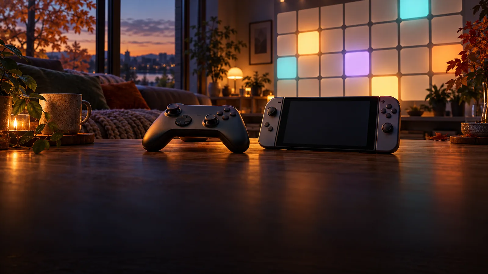 Game controller and handheld console on a coffee table with glowing blank calendar tiles representing November 2026 game releases