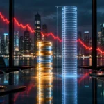 Short stack of glowing coins beside a taller holographic outline in a boardroom with a falling market line, illustrating the reduced OpenAI funding round