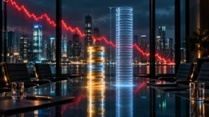 Short stack of glowing coins beside a taller holographic outline in a boardroom with a falling market line, illustrating the reduced OpenAI funding round