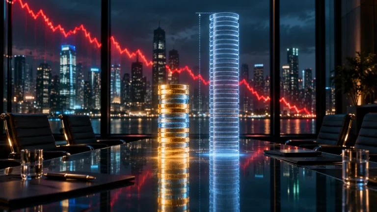 Short stack of glowing coins beside a taller holographic outline in a boardroom with a falling market line, illustrating the reduced OpenAI funding round