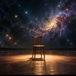 Patrick Stewart tribute concept: empty wooden chair in a spotlight on a theatre stage opening onto a starfield