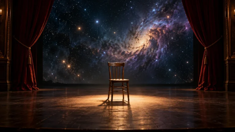 Patrick Stewart tribute concept: empty wooden chair in a spotlight on a theatre stage opening onto a starfield