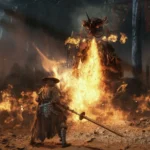 Phantom Blade Zero protagonist Soul facing a burning enemy in a ruined village